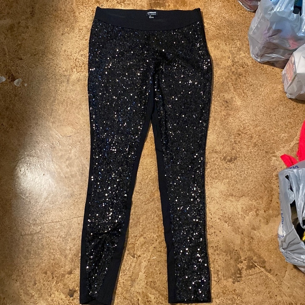 HOMMAGE black sequin flat front side zip high waist pants
